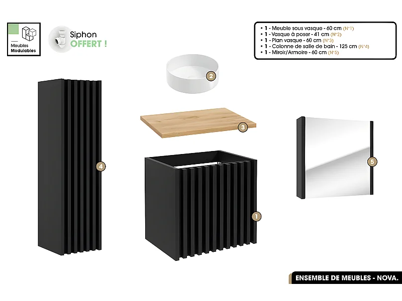 Ensemble complet de salle de bain - Meuble - Colonne - Miroir - Vasque à poser avec Siphon OFFERT | NOVA | Oak | 60 x 56 x 45 cm