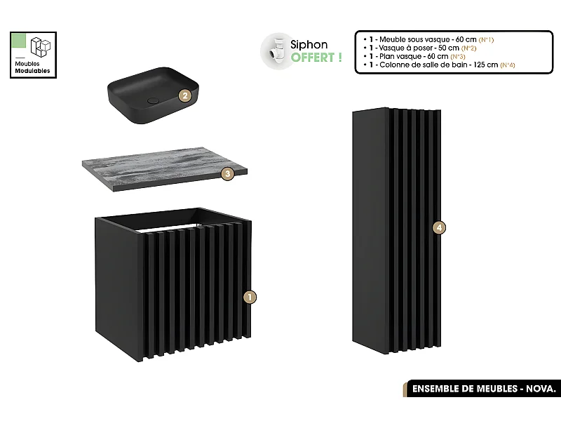 Ensemble complet de salle de bain - Meuble - Colonne - Vasque à poser avec Siphon OFFERT | NOVA | Noir | 60 x 56 x 45 cm