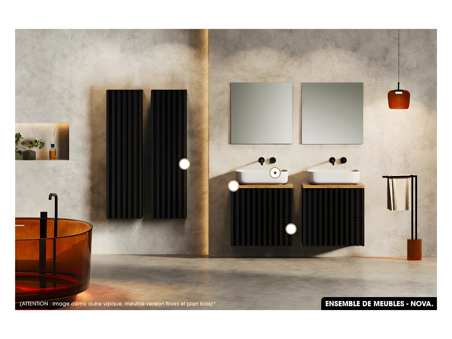 Ensemble complet de salle de bain - Meuble - Colonne - Vasque à poser avec Siphon OFFERT | NOVA | Noir | 60 x 56 x 45 cm
