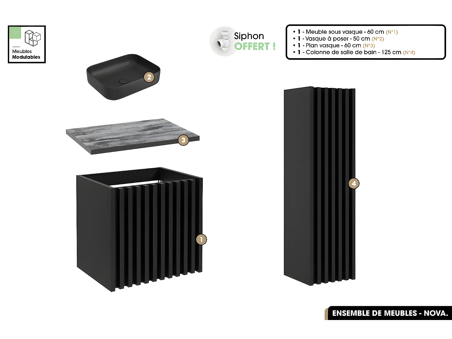 Ensemble complet de salle de bain - Meuble - Colonne - Vasque à poser avec Siphon OFFERT | NOVA | Noir | 60 x 56 x 45 cm