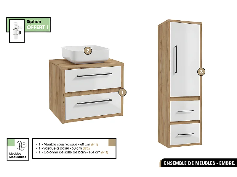 Ensemble complet - de salle de bain - Meuble - Colonne - Vasque avec Siphon OFFERT | EMBRE | Blanc | 60 x 50 x 45 cm
