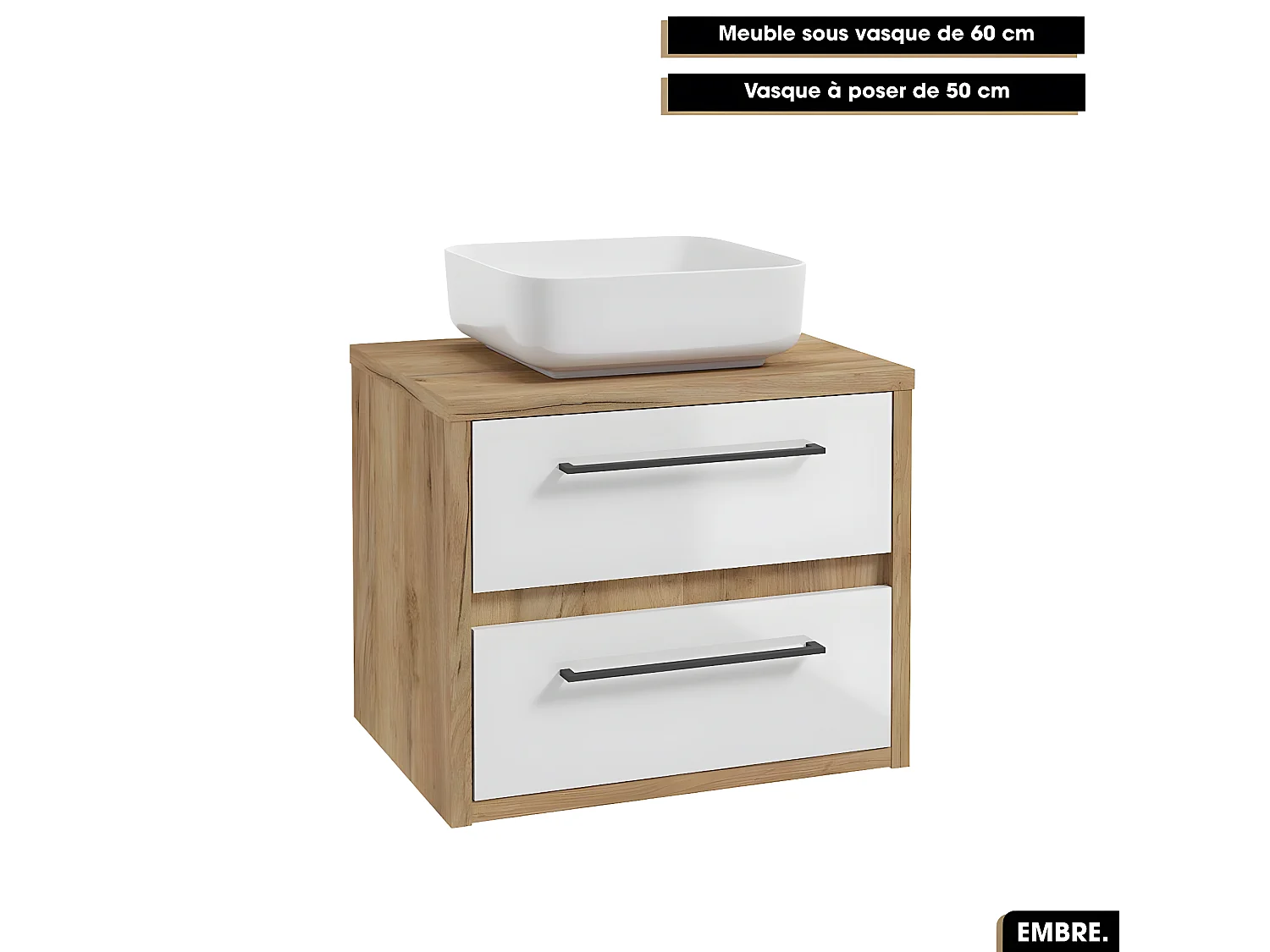 Ensemble complet - de salle de bain - Meuble - Colonne - Vasque avec Siphon OFFERT | EMBRE | Blanc | 60 x 50 x 45 cm