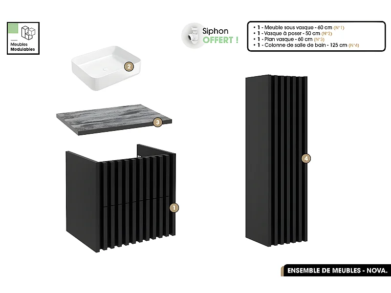Ensemble complet de salle de bain - Meuble - Colonne - Vasque à poser avec Siphon OFFERT | NOVA | Noir | 60 x 56 x 45 cm