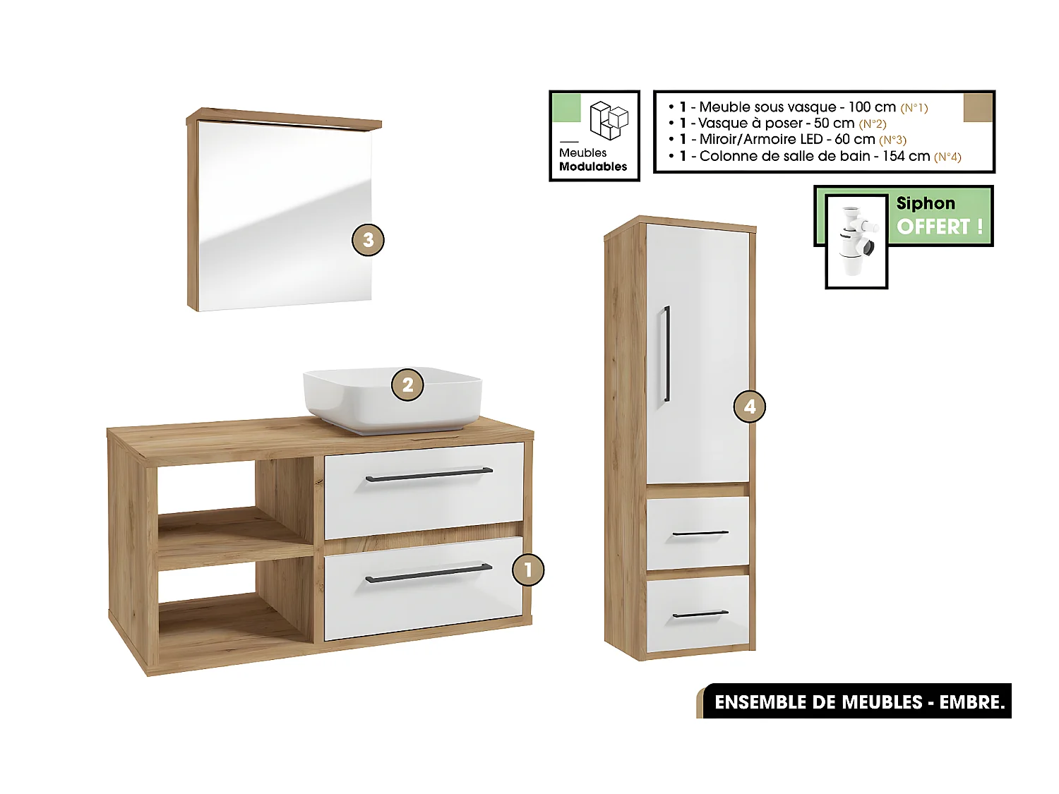 Ensemble complet - de salle de bain - Meuble - Miroir/Armoire - Colonne - Vasque avec Siphon OFFERT | EMBRE | Blanc | 100 x 50 x 45 cm