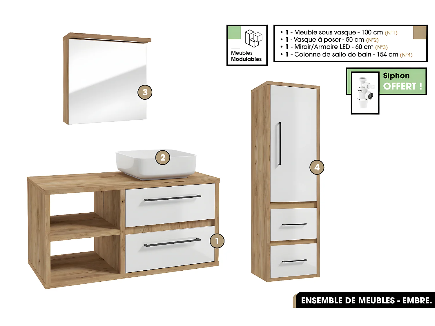 Ensemble complet - de salle de bain - Meuble - Miroir/Armoire - Colonne - Vasque avec Siphon OFFERT | EMBRE | Blanc | 100 x 50 x 45 cm