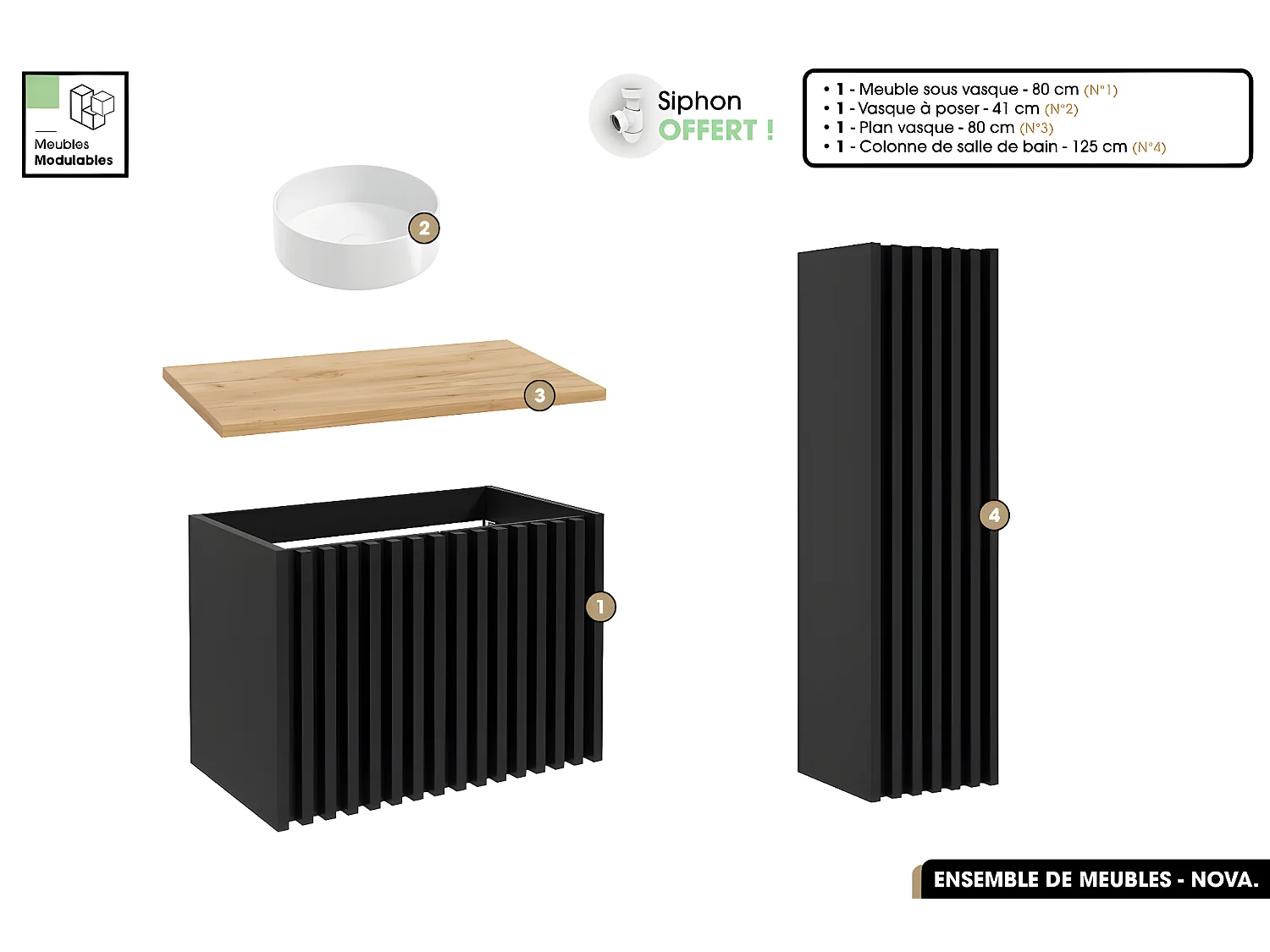 Ensemble complet de salle de bain - Meuble - Colonne - Vasque à poser avec Siphon OFFERT | NOVA | Oak | 80 x 56 x 45 cm