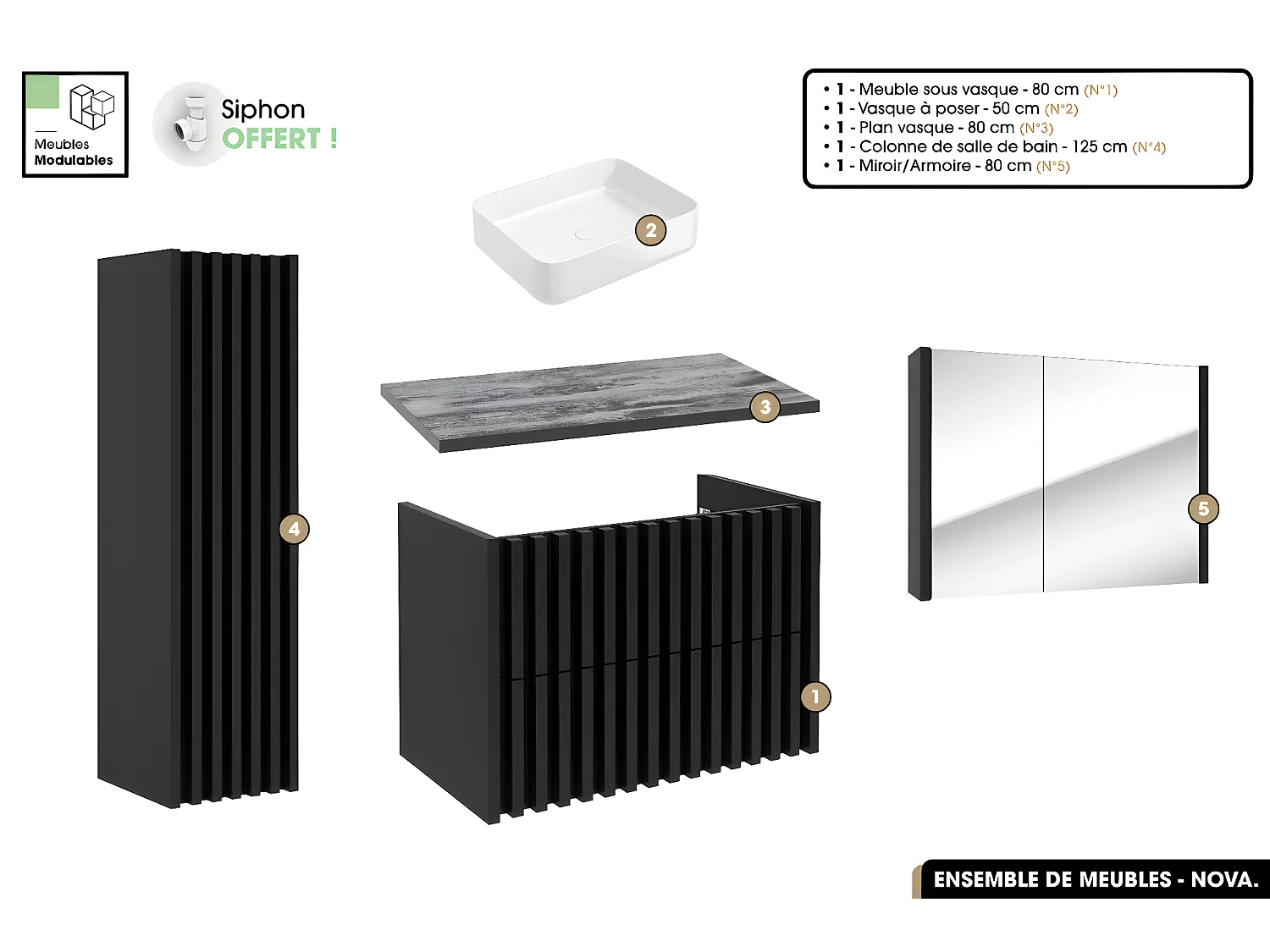 Ensemble complet de salle de bain - Meuble - Colonne - Miroir - Vasque à poser avec Siphon OFFERT | NOVA | Noir | 80 x 56 x 45 cm