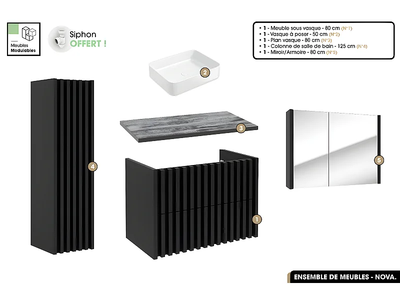 Ensemble complet de salle de bain - Meuble - Colonne - Miroir - Vasque à poser avec Siphon OFFERT | NOVA | Noir | 80 x 56 x 45 cm