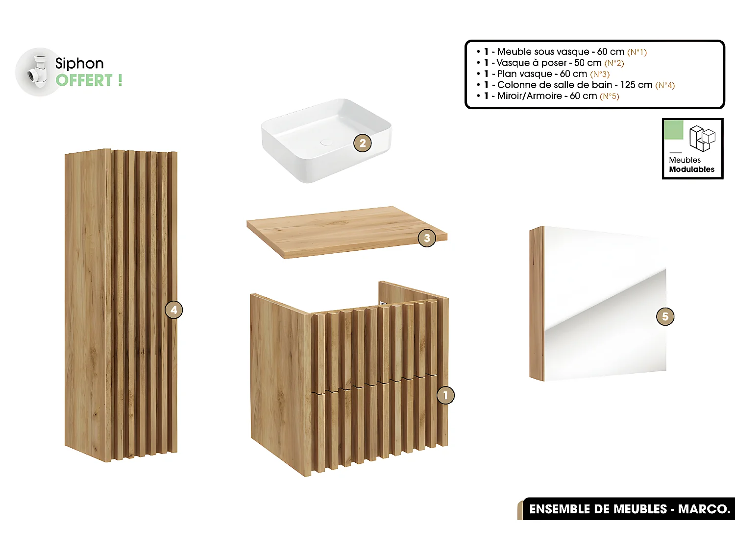 Ensemble complet de salle de bain - Meuble - Colonne - Miroir - Vasque à poser avec Siphon OFFERT | MARCO | Oak | 60 x 56 x 45 cm