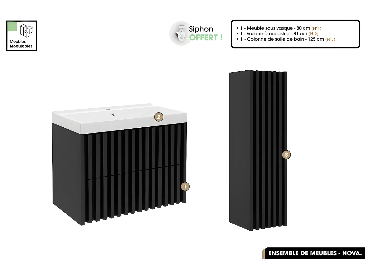 Ensemble complet de salle de bain - Meuble - Colonne - Vasque à encastrer avec Siphon OFFERT | NOVA | Noir | 80 x 56 x 45 cm