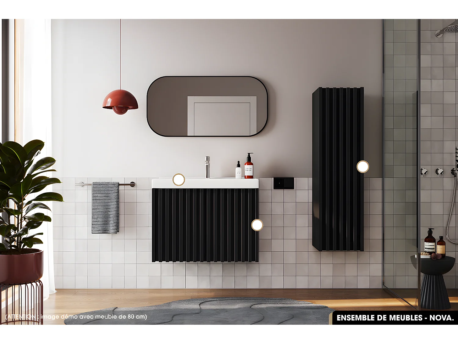 Ensemble complet de salle de bain - Meuble - Colonne - Vasque à encastrer avec Siphon OFFERT | NOVA | Noir | 80 x 56 x 45 cm