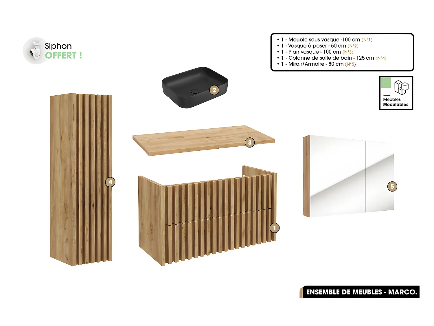 Ensemble complet de salle de bain - Meuble - Colonne - Miroir - Vasque à poser avec Siphon OFFERT | MARCO | Oak | 100 x 56 x 45 cm