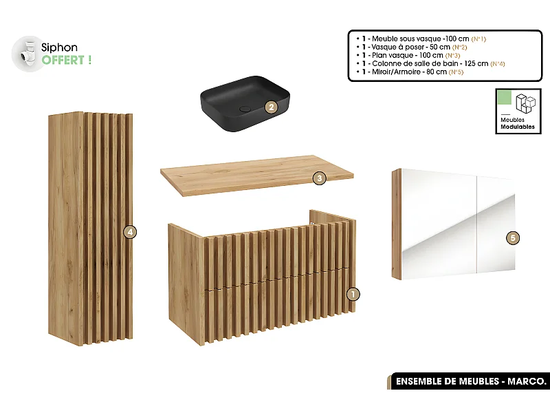 Ensemble complet de salle de bain - Meuble - Colonne - Miroir - Vasque à poser avec Siphon OFFERT | MARCO | Oak | 100 x 56 x 45 cm