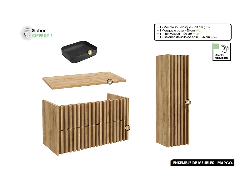 Ensemble complet de salle de bain - Meuble - Colonne - Vasque à poser avec Siphon OFFERT | MARCO | Oak | 100 x 56 x 45 cm