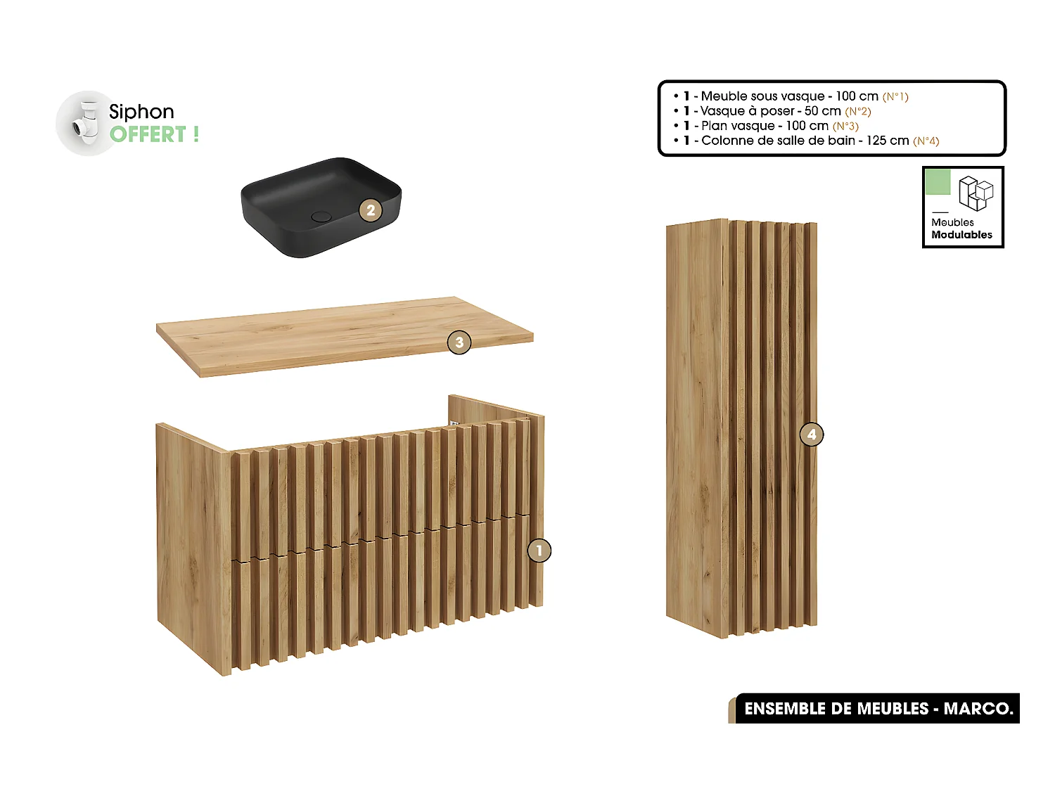 Ensemble complet de salle de bain - Meuble - Colonne - Vasque à poser avec Siphon OFFERT | MARCO | Oak | 100 x 56 x 45 cm