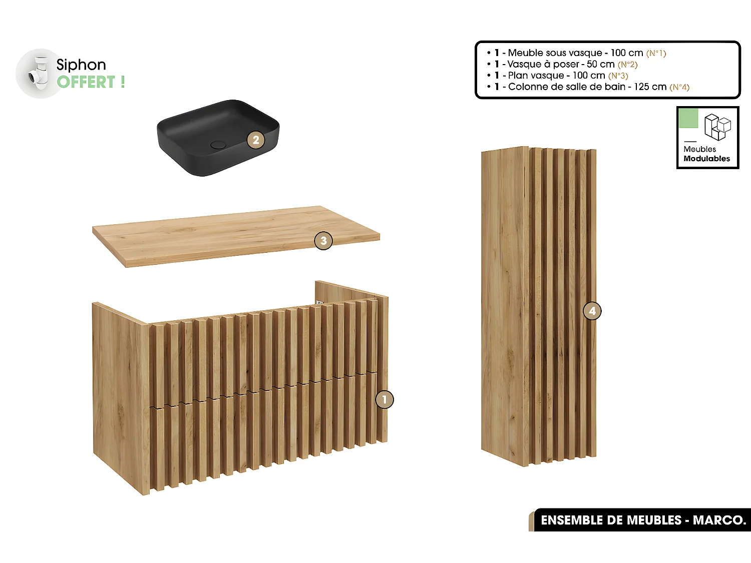 Ensemble complet de salle de bain - Meuble - Colonne - Vasque à poser avec Siphon OFFERT | MARCO | Oak | 100 x 56 x 45 cm