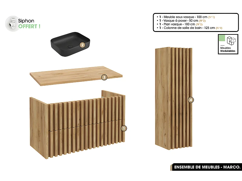Ensemble complet de salle de bain - Meuble - Colonne - Vasque à poser avec Siphon OFFERT | MARCO | Oak | 100 x 56 x 45 cm