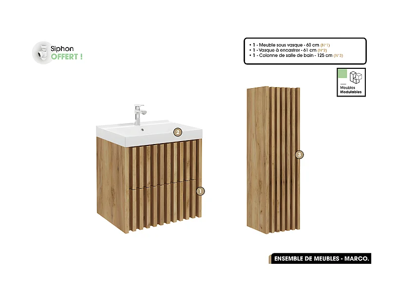 Ensemble complet de salle de bain - Meuble - Colonne - Vasque à encastrer avec Siphon OFFERT | MARCO | Oak | 60 x 56 x 45 cm
