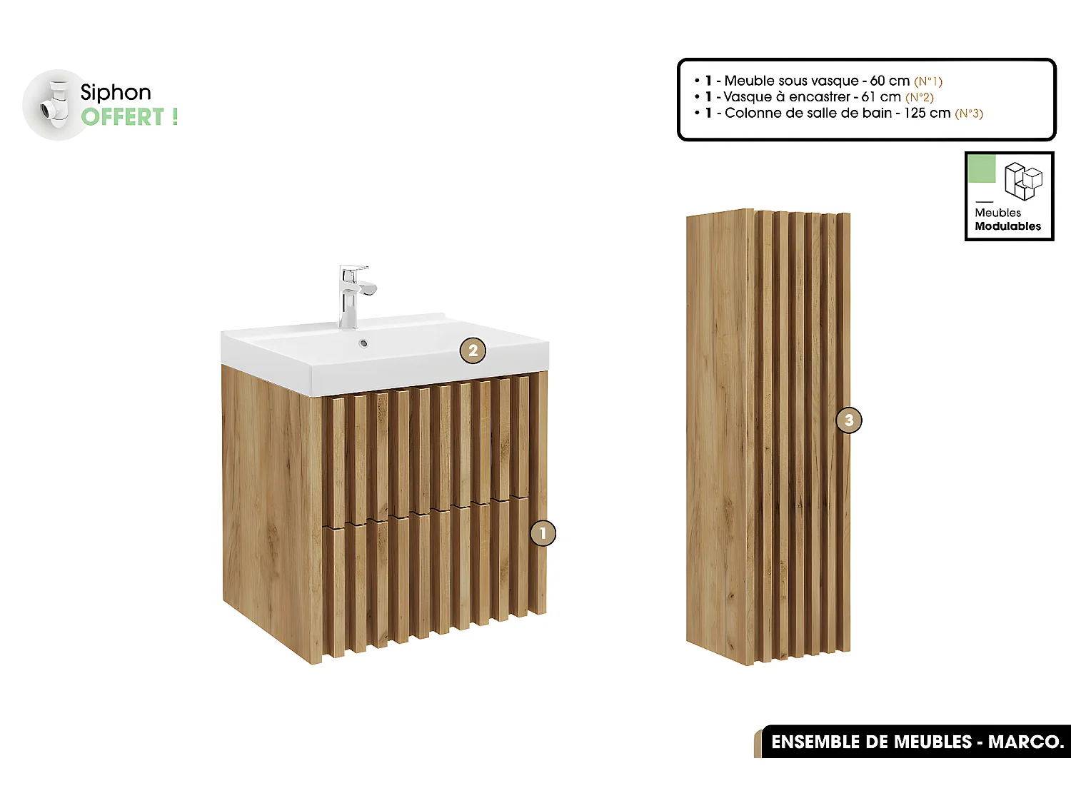 Ensemble complet de salle de bain - Meuble - Colonne - Vasque à encastrer avec Siphon OFFERT | MARCO | Oak | 60 x 56 x 45 cm