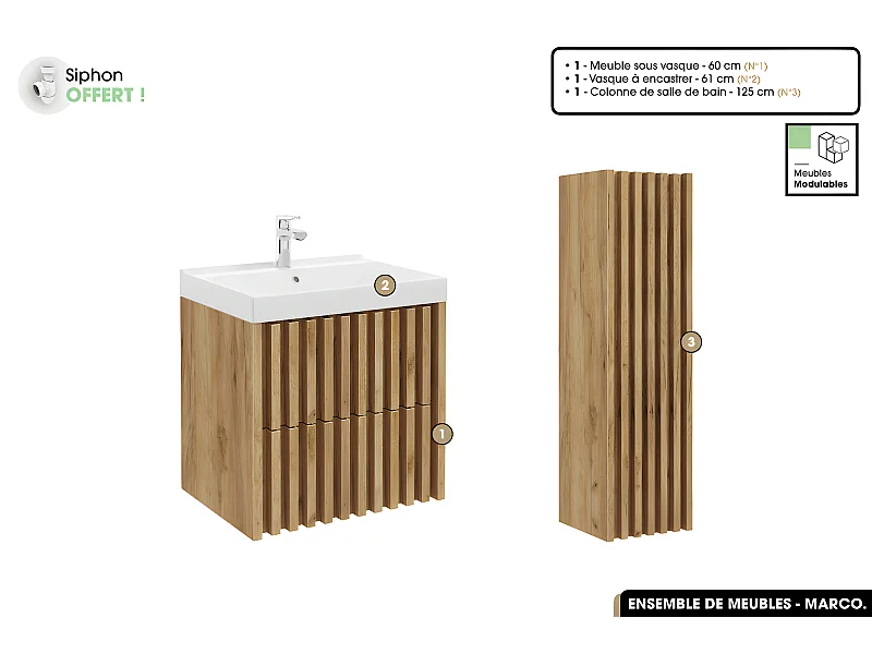 Ensemble complet de salle de bain - Meuble - Colonne - Vasque à encastrer avec Siphon OFFERT | MARCO | Oak | 60 x 56 x 45 cm