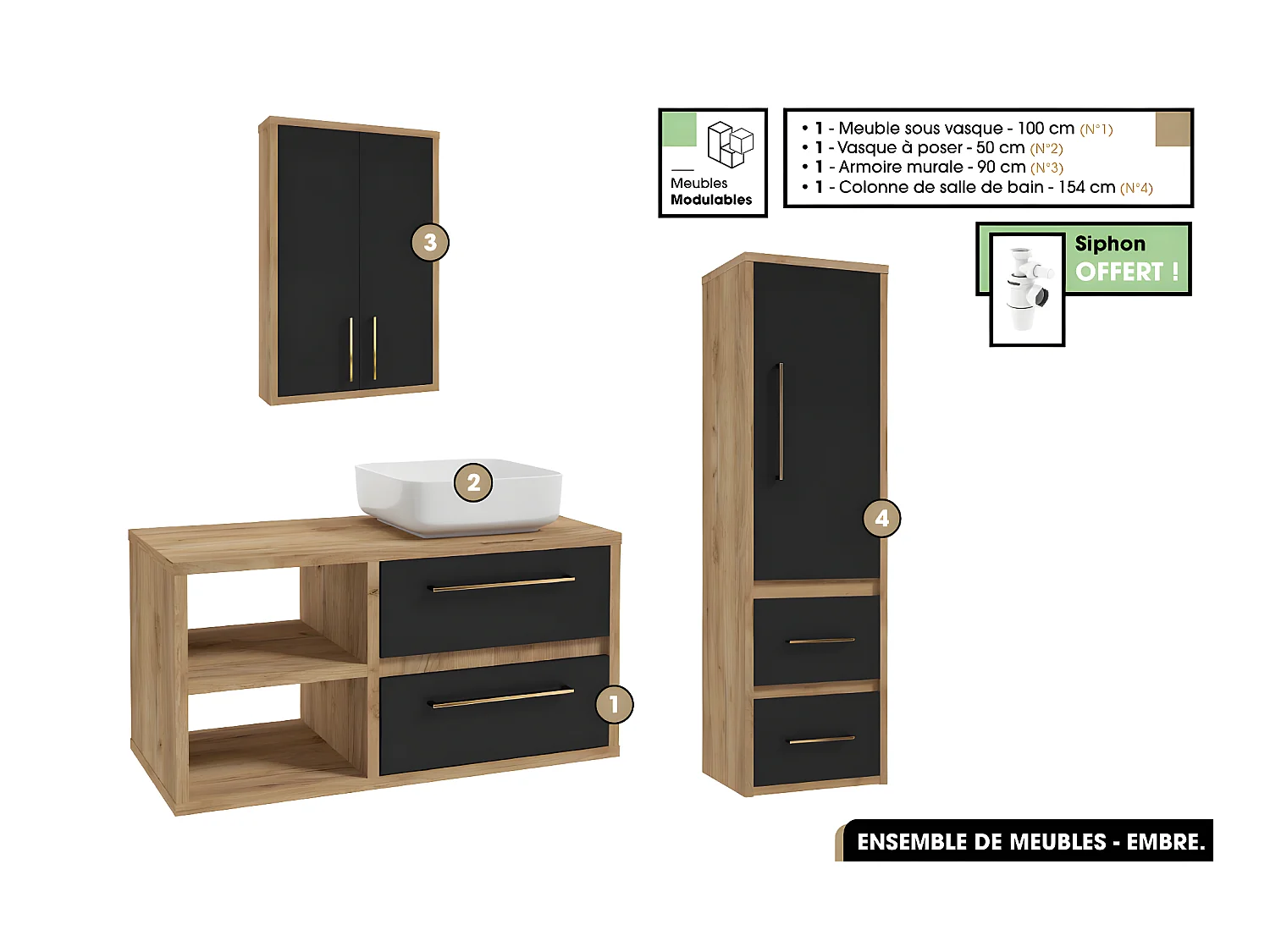 Ensemble complet - de salle de bain - Meuble - Armoire - Colonne - Vasque avec Siphon OFFERT | EMBRE | Noir | 100 x 50 x 45 cm