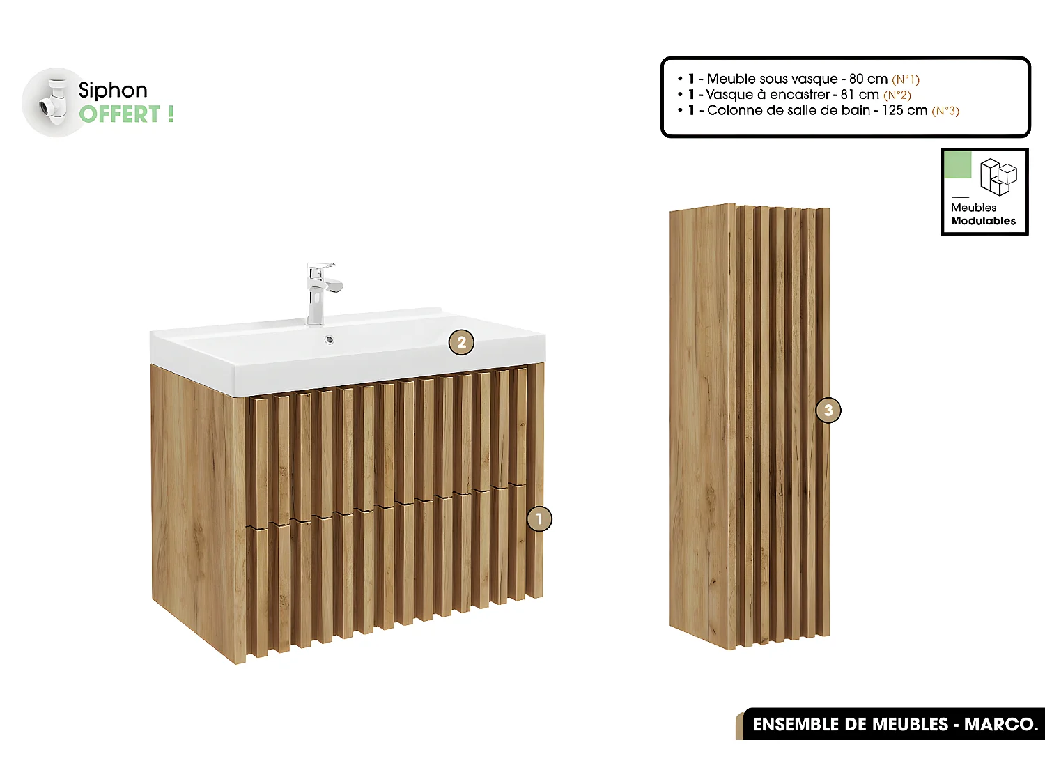 Ensemble complet de salle de bain - Meuble - Colonne - Vasque à encastrer avec Siphon OFFERT | MARCO | Oak | 80 x 56 x 45 cm