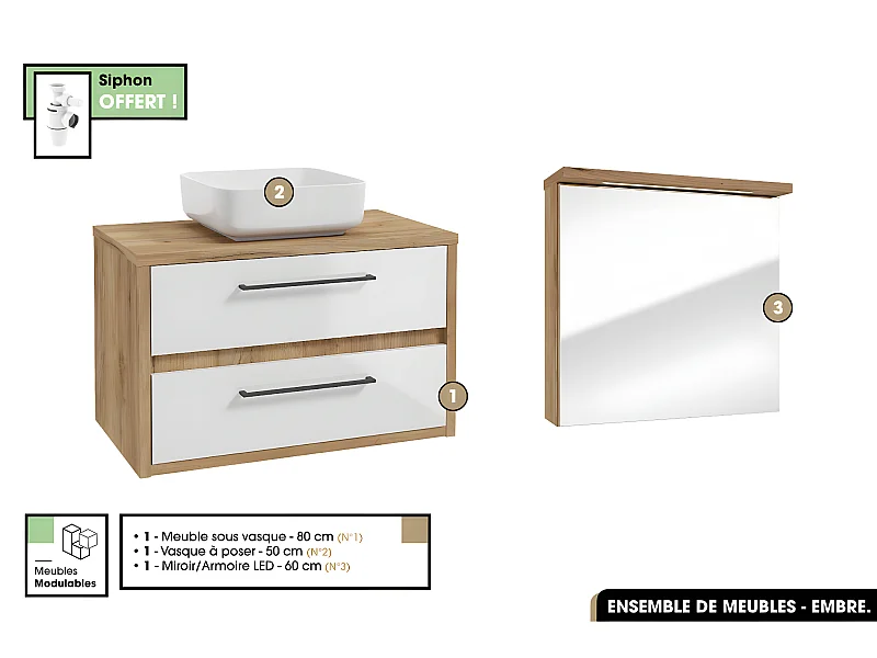 Ensemble complet - de salle de bain - Meuble - Miroir/Armoire LED - Vasque avec Siphon OFFERT | EMBRE | Blanc | 80 x 50 x 45 cm