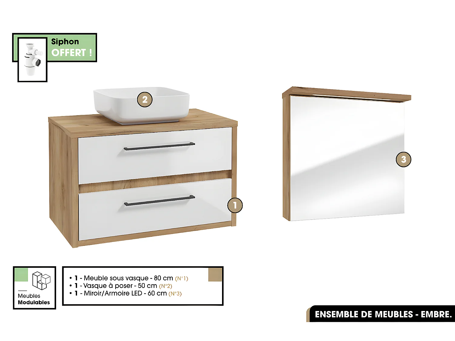 Ensemble complet - de salle de bain - Meuble - Miroir/Armoire LED - Vasque avec Siphon OFFERT | EMBRE | Blanc | 80 x 50 x 45 cm
