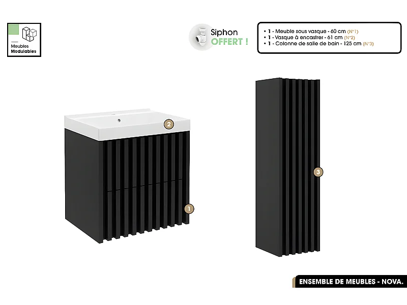 Ensemble complet de salle de bain - Meuble - Colonne - Vasque à encastrer avec Siphon OFFERT | NOVA | Noir | 60 x 56 x 45 cm