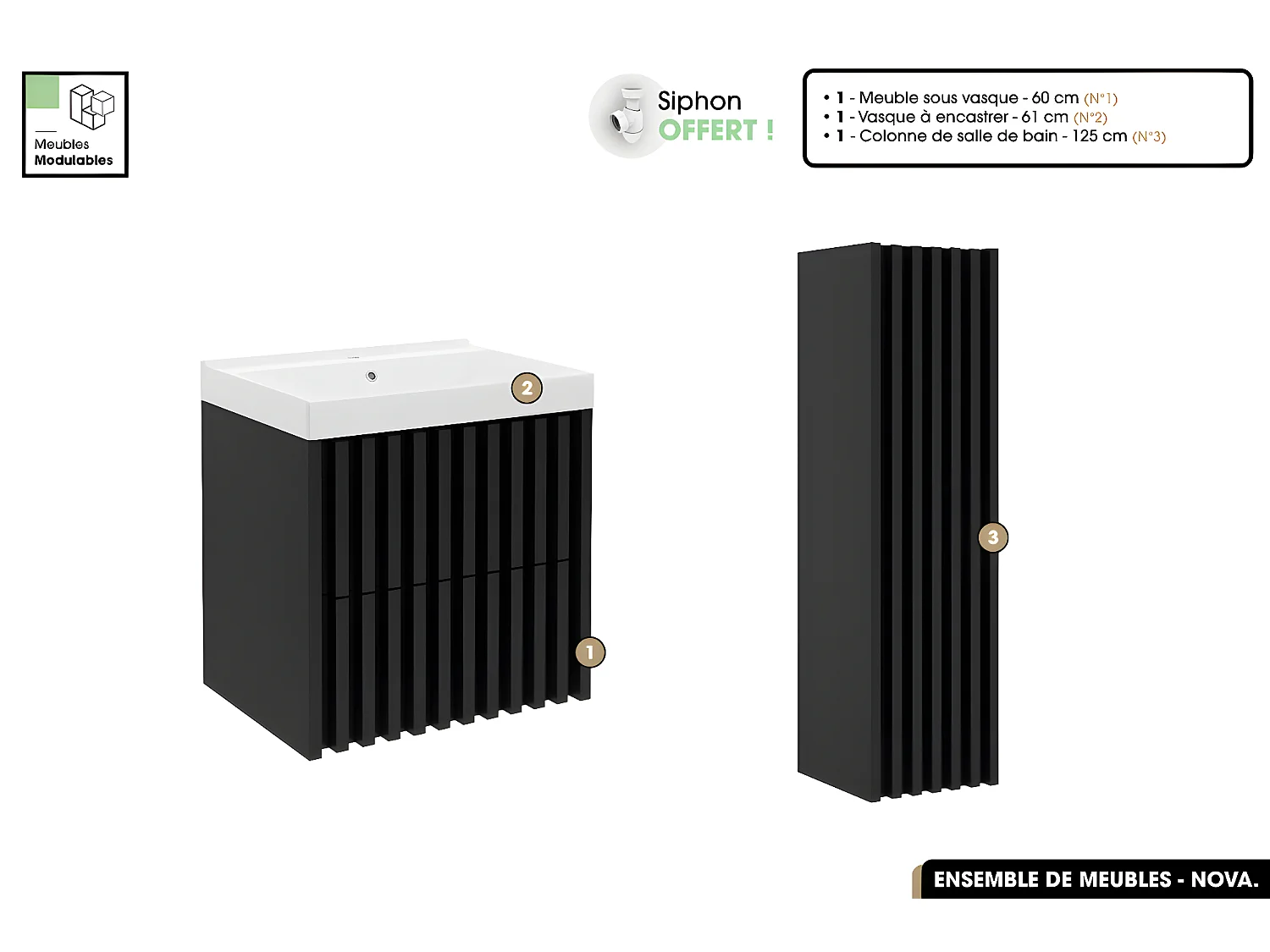 Ensemble complet de salle de bain - Meuble - Colonne - Vasque à encastrer avec Siphon OFFERT | NOVA | Noir | 60 x 56 x 45 cm