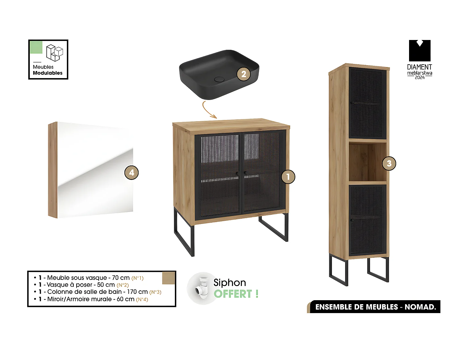 Ensemble complet de salle de bain - Meuble - Colonne - Miroir - Vasque avec Siphon OFFERT | NOMAD | OAK | 70 x 80 x 43 cm