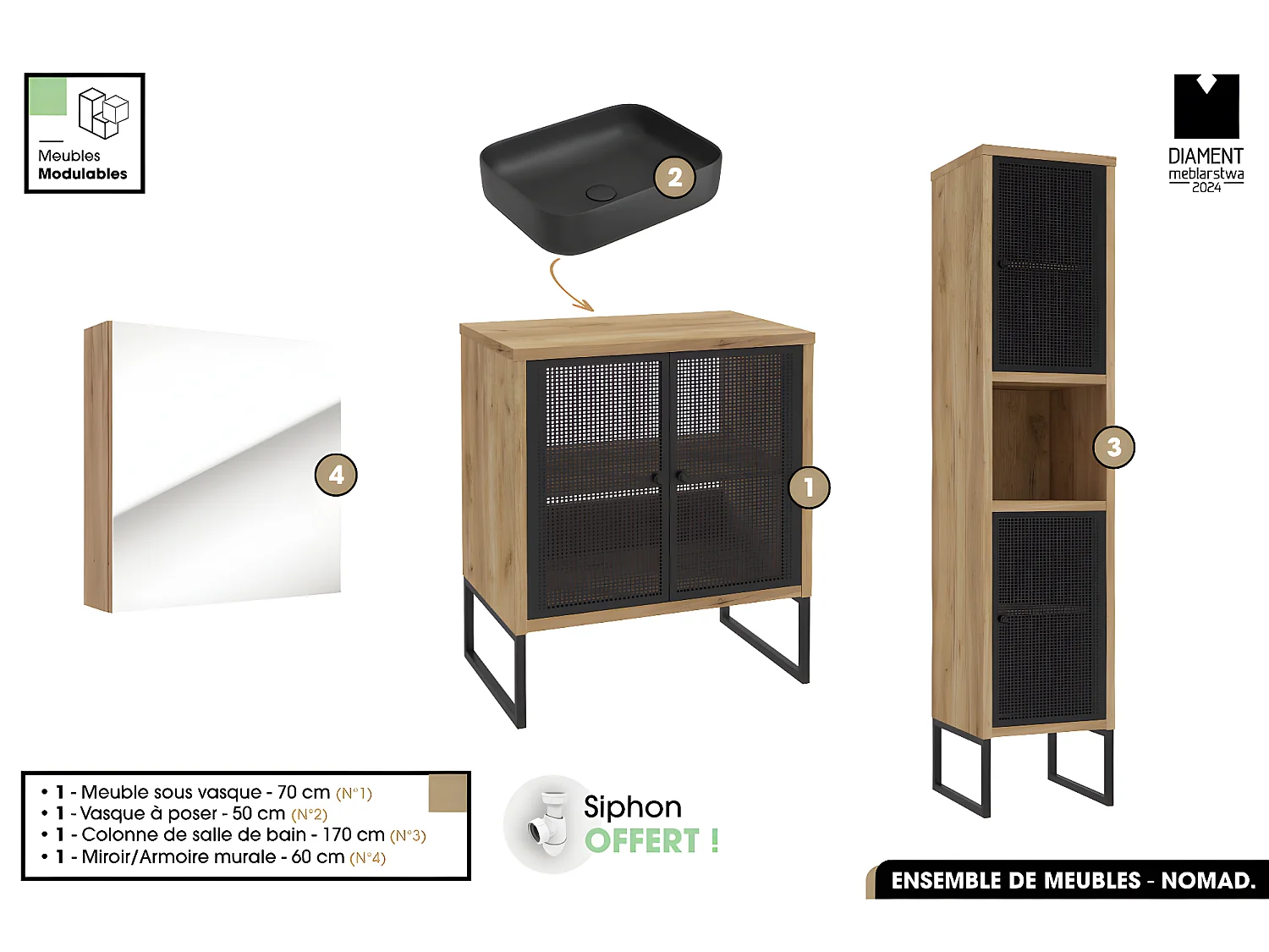 Ensemble complet de salle de bain - Meuble - Colonne - Miroir - Vasque avec Siphon OFFERT | NOMAD | OAK | 70 x 80 x 43 cm