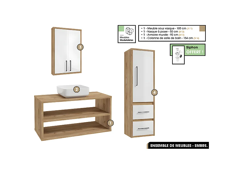 Ensemble complet - de salle de bain - Meuble - Armoire - Colonne - Vasque avec Siphon OFFERT | EMBRE | OAK | 100 x 50 x 45 cm