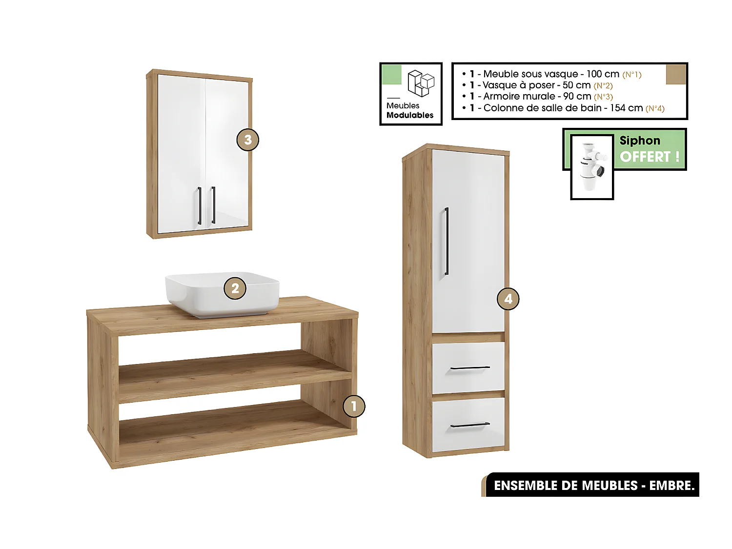Ensemble complet - de salle de bain - Meuble - Armoire - Colonne - Vasque avec Siphon OFFERT | EMBRE | OAK | 100 x 50 x 45 cm