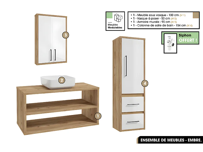 Ensemble complet - de salle de bain - Meuble - Armoire - Colonne - Vasque avec Siphon OFFERT | EMBRE | OAK | 100 x 50 x 45 cm
