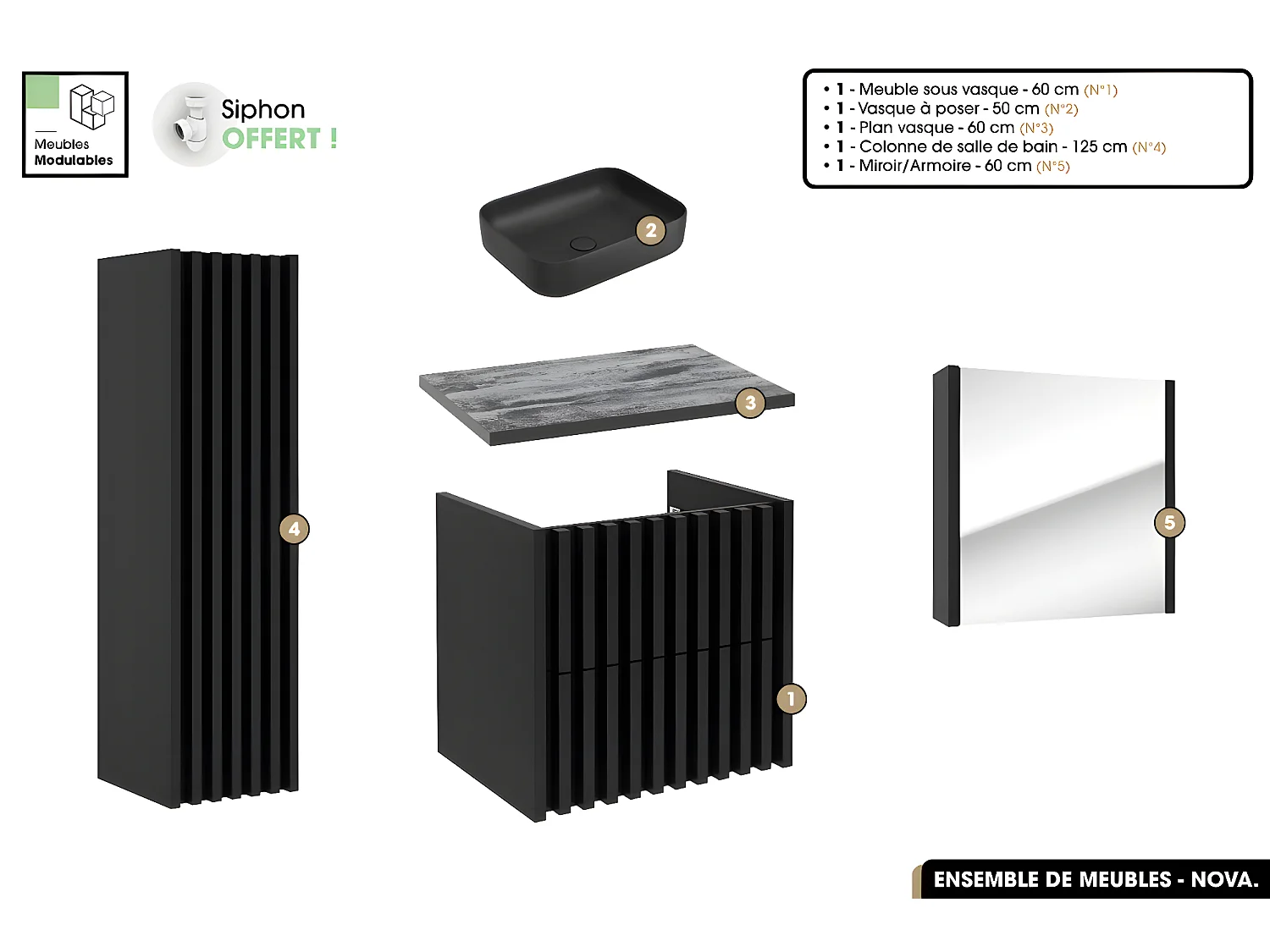 Ensemble complet de salle de bain - Meuble - Colonne - Miroir - Vasque à poser avec Siphon OFFERT | NOVA | Noir | 60 x 56 x 45 cm