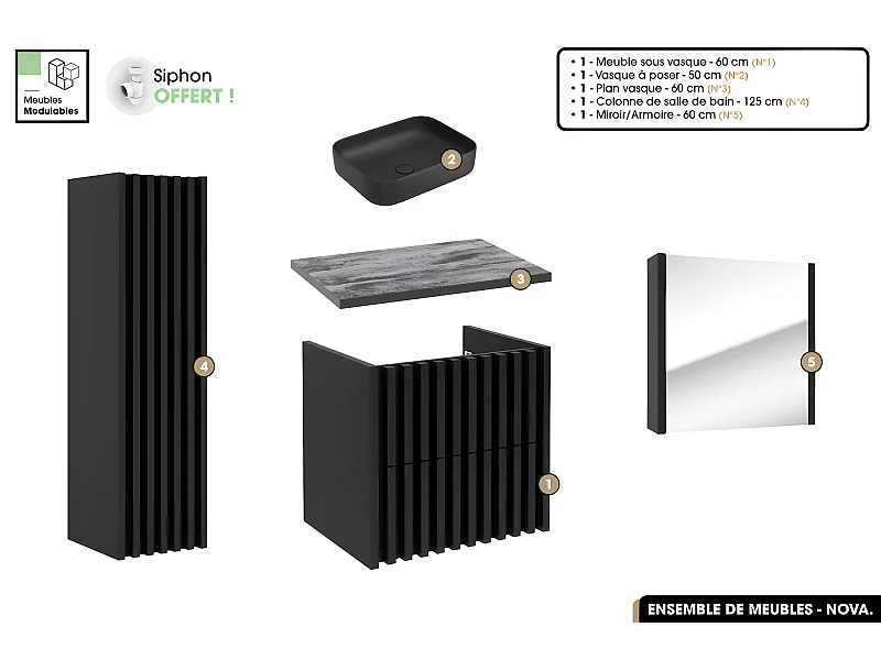 Ensemble complet de salle de bain - Meuble - Colonne - Miroir - Vasque à poser avec Siphon OFFERT | NOVA | Noir | 60 x 56 x 45 cm