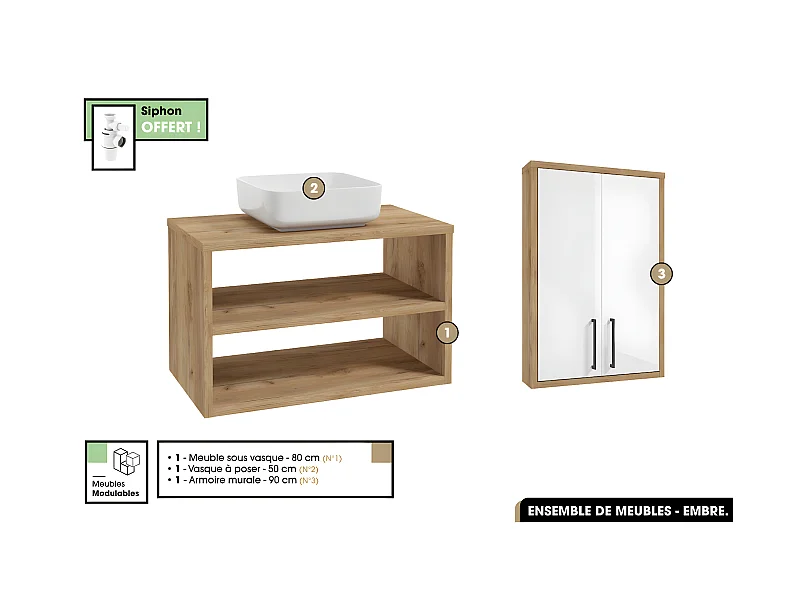 Ensemble complet - de salle de bain - Meuble - Armoire - Vasque avec Siphon OFFERT | EMBRE | OAK | 60 x 50 x 45 cm