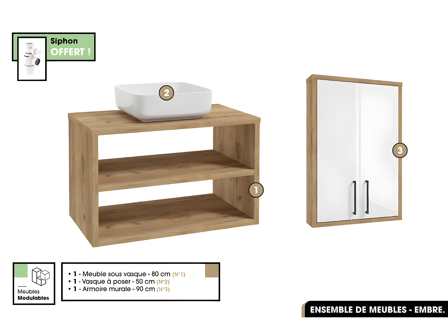 Ensemble complet - de salle de bain - Meuble - Armoire - Vasque avec Siphon OFFERT | EMBRE | OAK | 60 x 50 x 45 cm