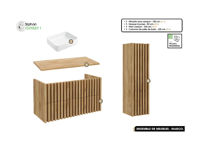 Ensemble complet de salle de bain - Meuble - Colonne - Vasque à poser avec Siphon OFFERT | MARCO | Oak | 100 x 56 x 45 cm