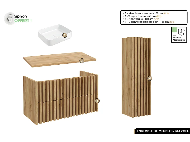 Ensemble complet de salle de bain - Meuble - Colonne - Vasque à poser avec Siphon OFFERT | MARCO | Oak | 100 x 56 x 45 cm