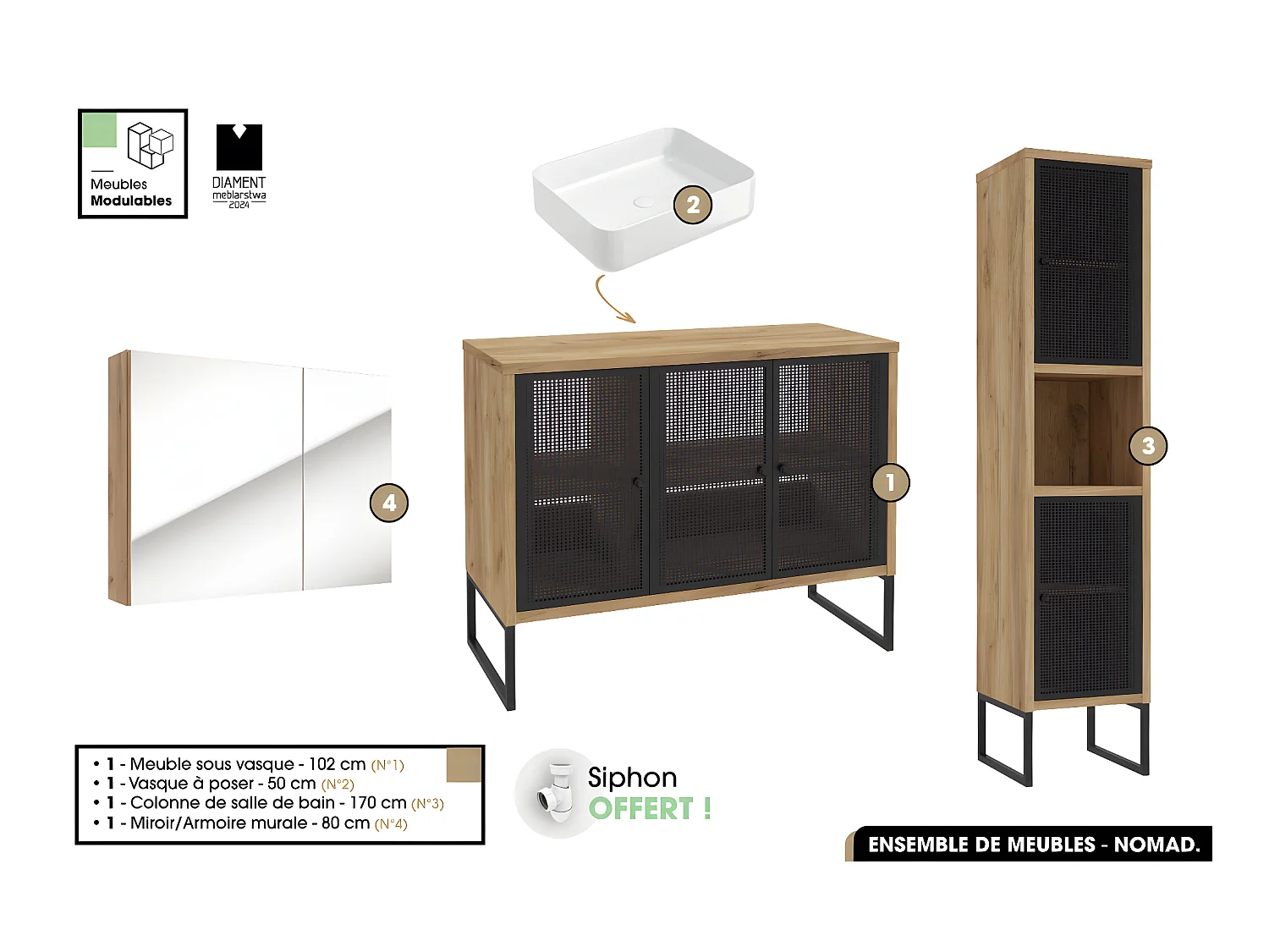 Ensemble complet de salle de bain - Meuble - Colonne - Miroir - Vasque avec Siphon OFFERT | NOMAD | OAK | 102 x 80 x 43 cm