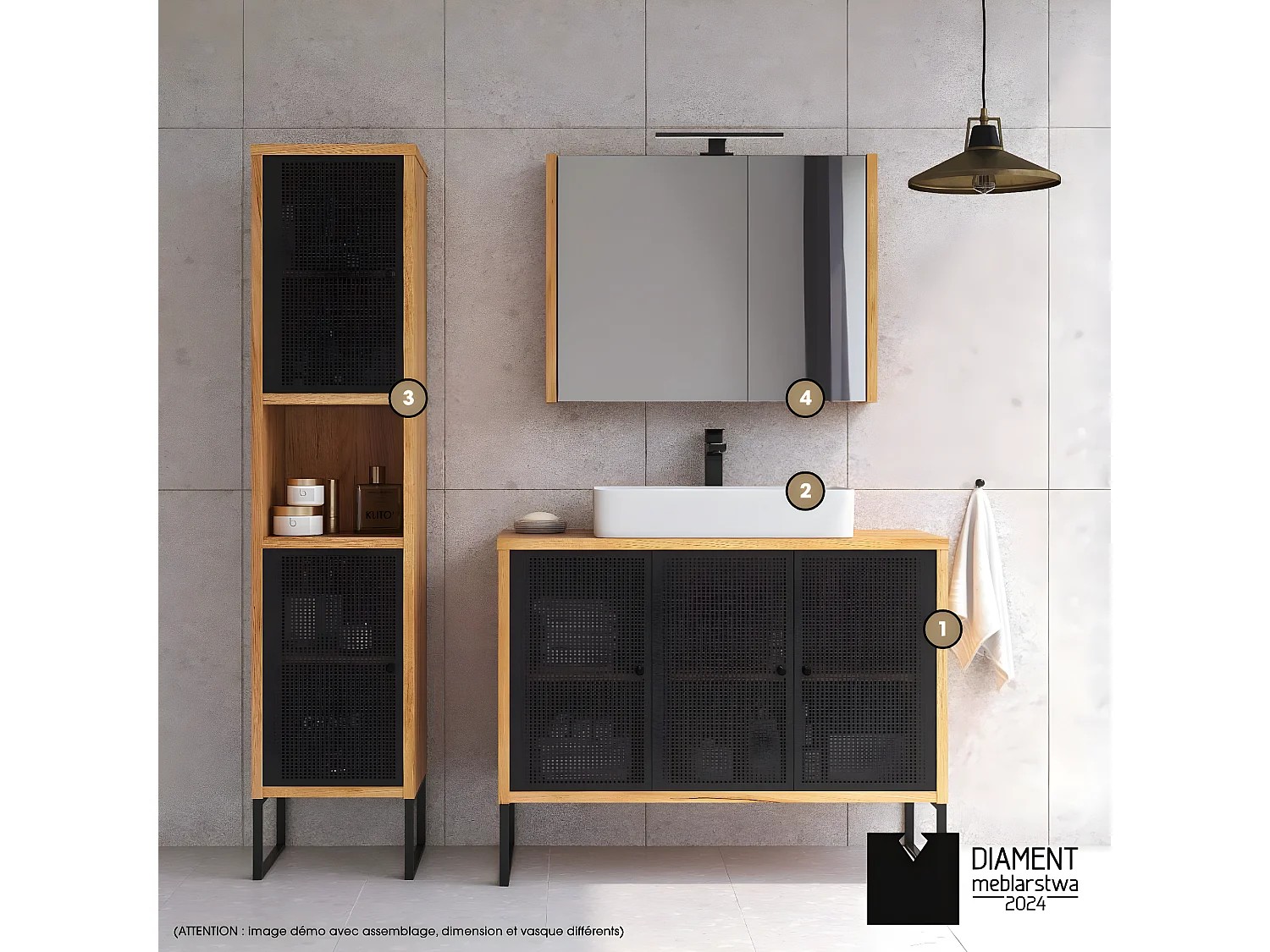 Ensemble complet de salle de bain - Meuble - Colonne - Miroir - Vasque avec Siphon OFFERT | NOMAD | OAK | 102 x 80 x 43 cm