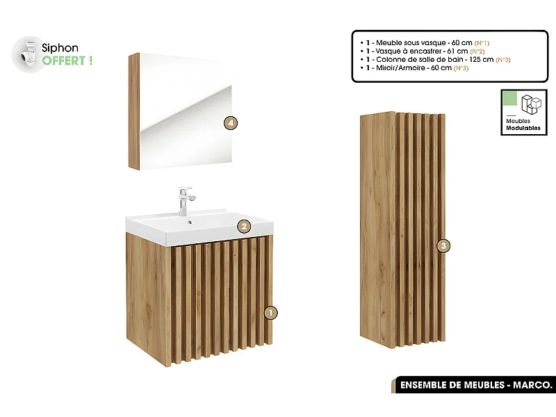 Ensemble complet de salle de bain - Meuble - Colonne - Miroir - Vasque à encastrer avec Siphon OFFERT | MARCO | Oak | 60 x 56 x 45 cm