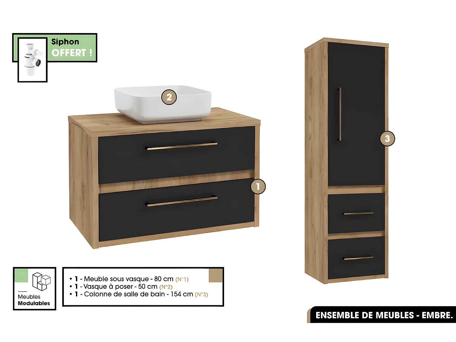 Ensemble complet - de salle de bain - Meuble - Colonne - Vasque avec Siphon OFFERT | EMBRE | Noir | 80 x 50 x 45 cm