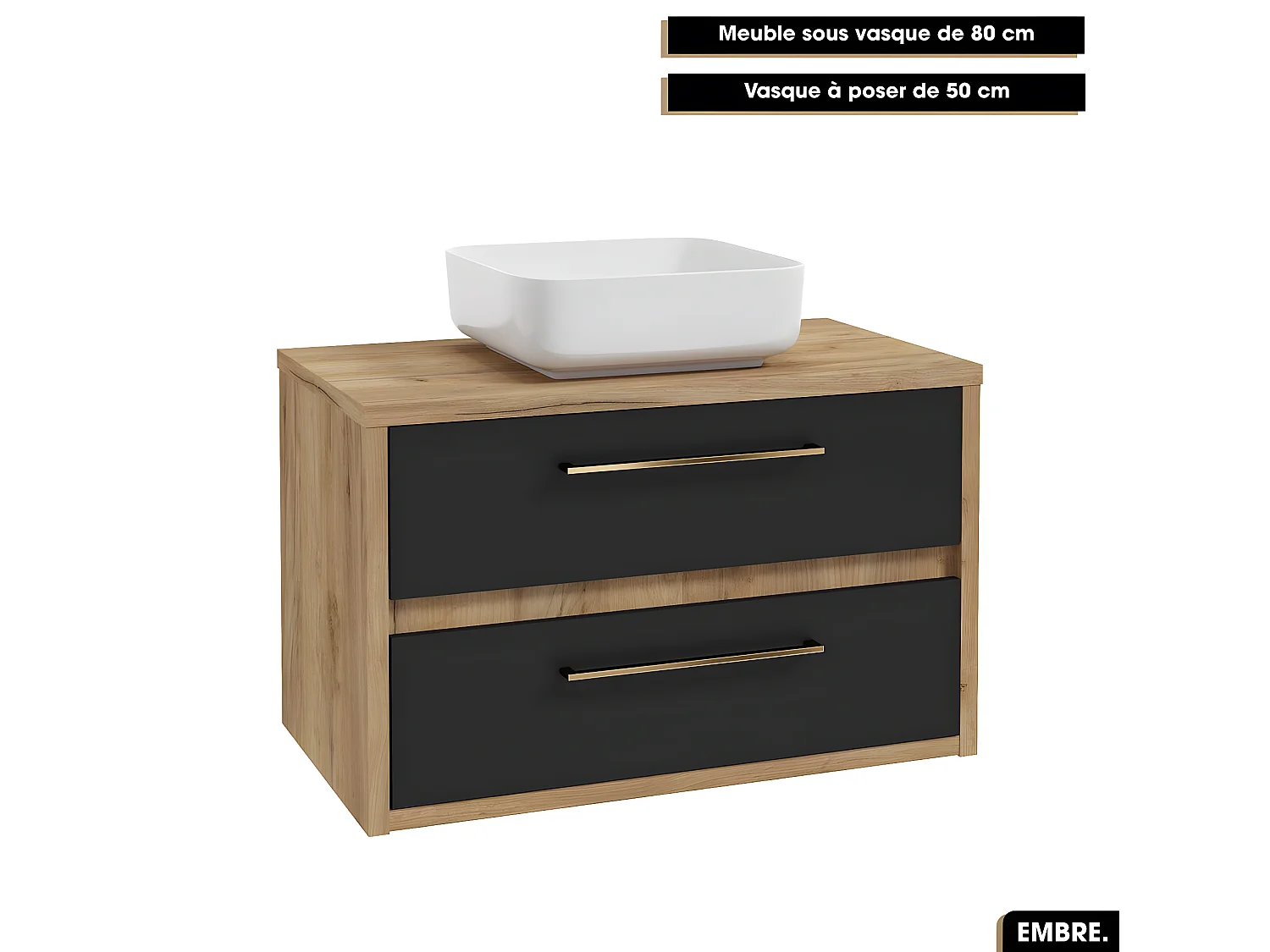 Ensemble complet - de salle de bain - Meuble - Colonne - Vasque avec Siphon OFFERT | EMBRE | Noir | 80 x 50 x 45 cm