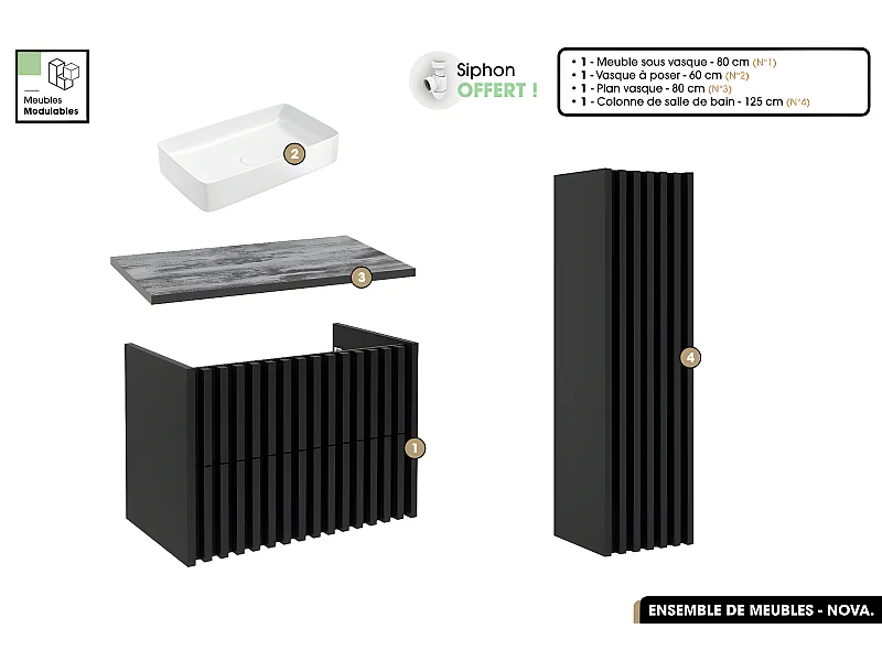 Ensemble complet de salle de bain - Meuble - Colonne - Vasque à poser avec Siphon OFFERT | NOVA | Noir | 80 x 56 x 45 cm