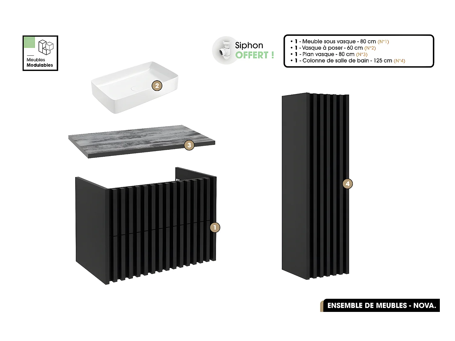 Ensemble complet de salle de bain - Meuble - Colonne - Vasque à poser avec Siphon OFFERT | NOVA | Noir | 80 x 56 x 45 cm