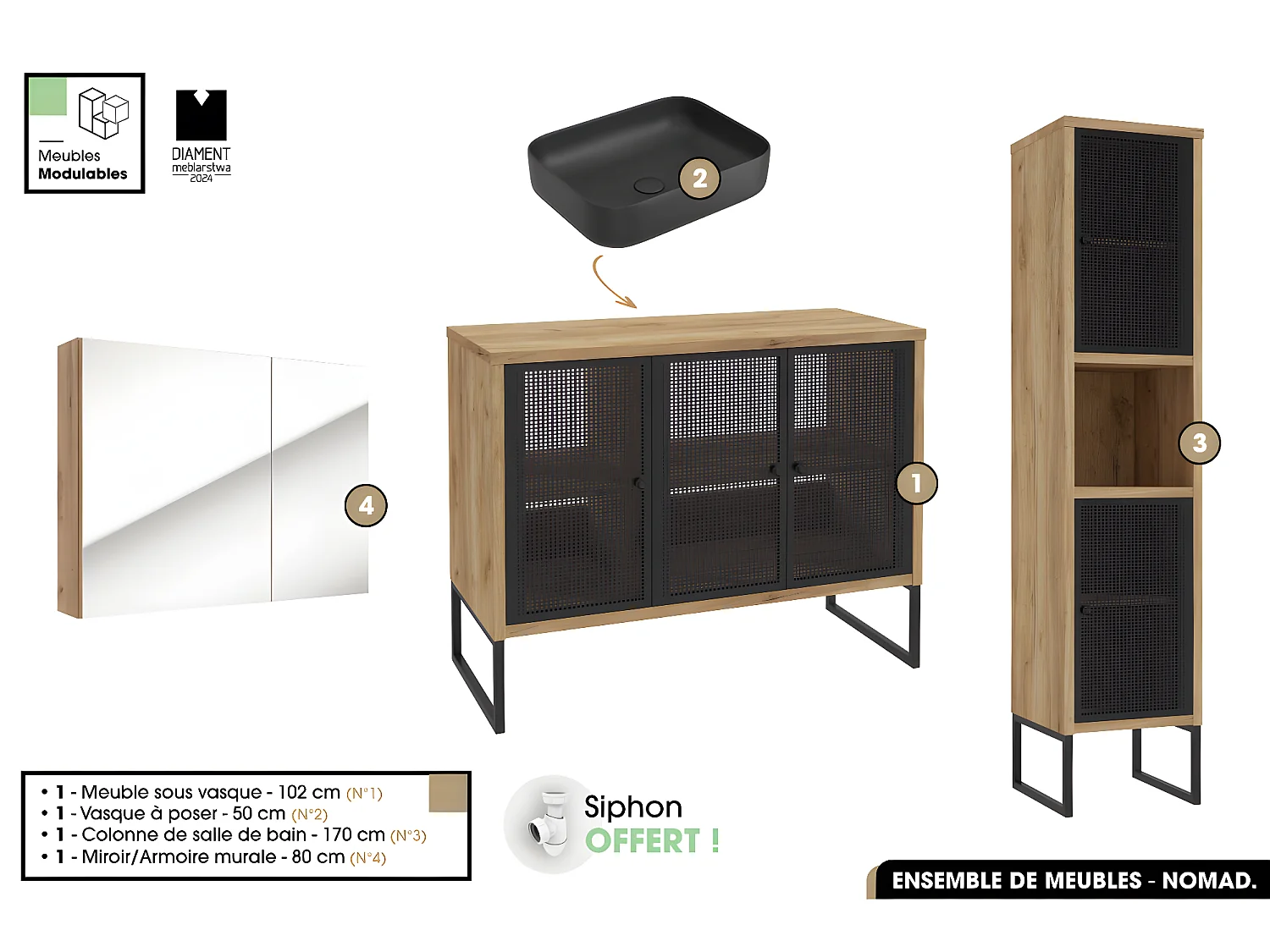 Ensemble complet de salle de bain - Meuble - Colonne - Miroir - Vasque avec Siphon OFFERT | NOMAD | OAK | 102 x 80 x 43 cm