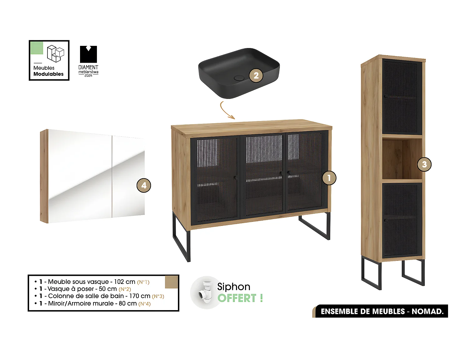 Ensemble complet de salle de bain - Meuble - Colonne - Miroir - Vasque avec Siphon OFFERT | NOMAD | OAK | 102 x 80 x 43 cm